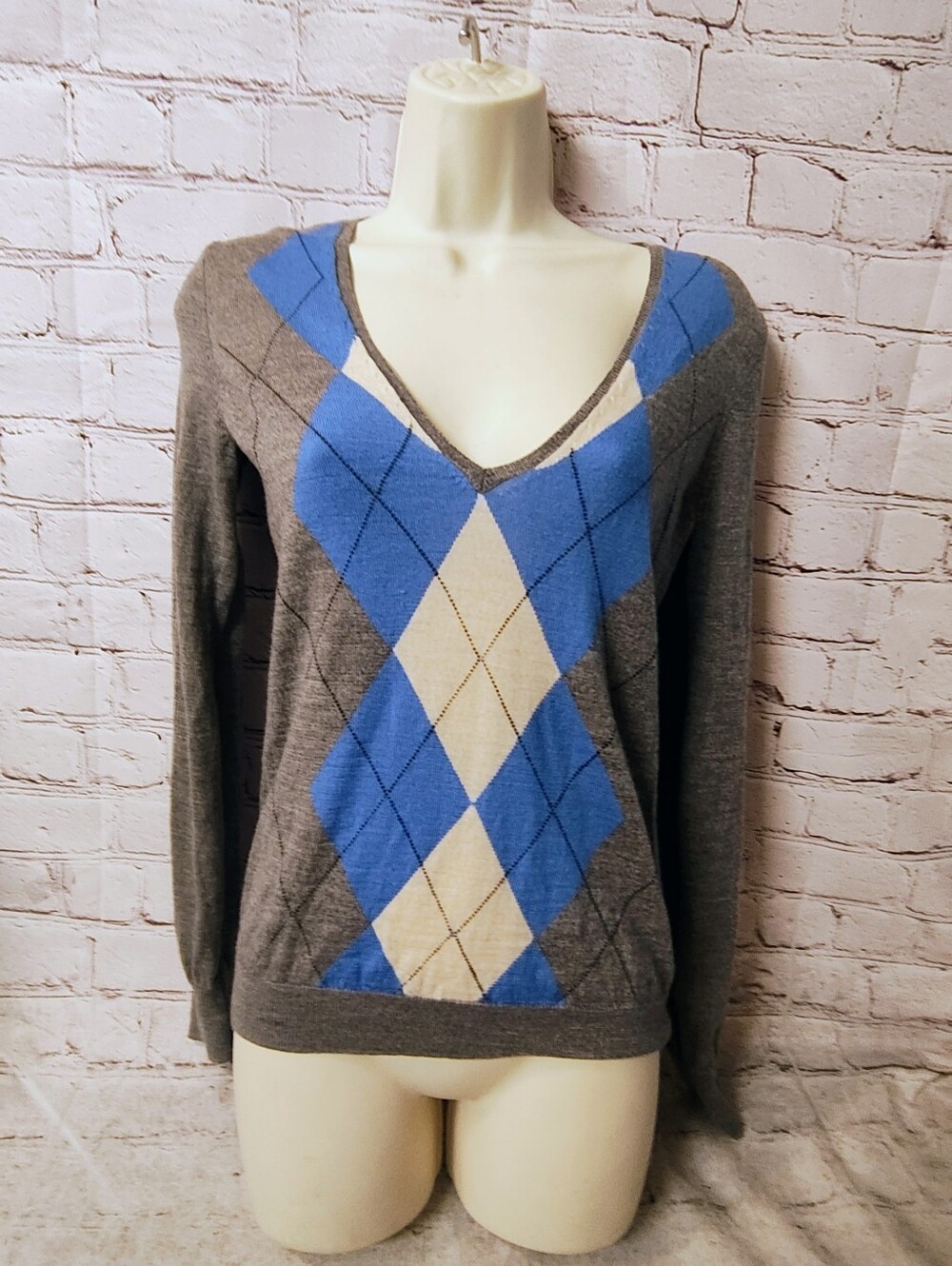 J Crew Women's Merino Wool Argyle Sweater School Girl V Neck Grey Blue S